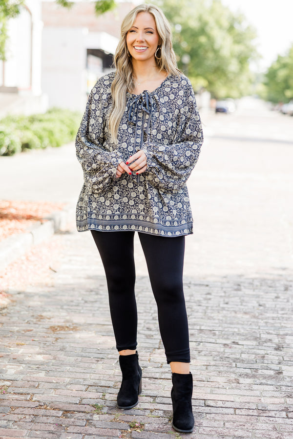Chic Soul plus size clothing, olive long sleeve boho floral print top with tie neckline detail with round neckline and bubble sleeves