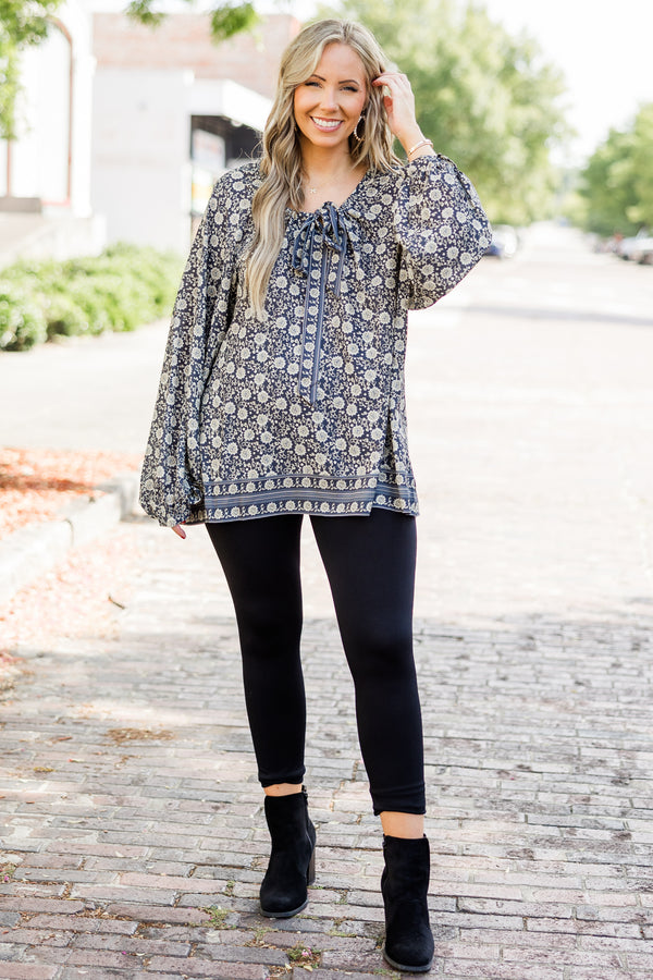 Chic Soul plus size clothing, olive long sleeve boho floral print top with tie neckline detail with round neckline and bubble sleeves