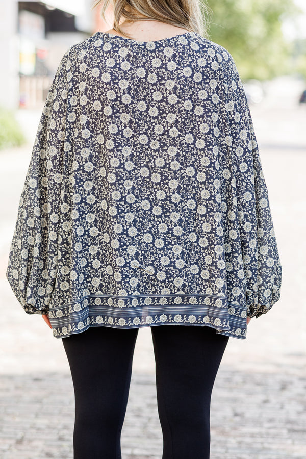 Chic Soul plus size clothing, olive long sleeve boho floral print top with tie neckline detail with round neckline and bubble sleeves