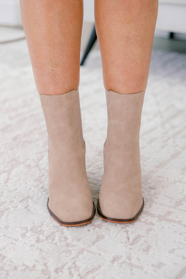 Chic Soul plus size clothing, light tan suede booties with brown wood block heel