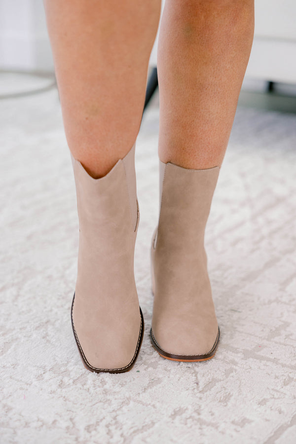 Chic Soul plus size clothing, light tan suede booties with brown wood block heel