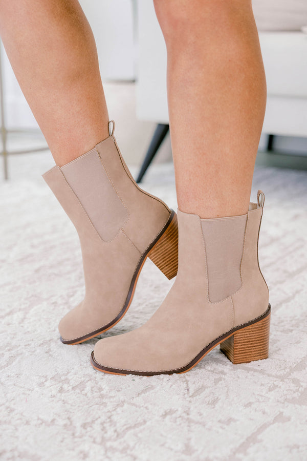 Chic Soul plus size clothing, light tan suede booties with brown wood block heel