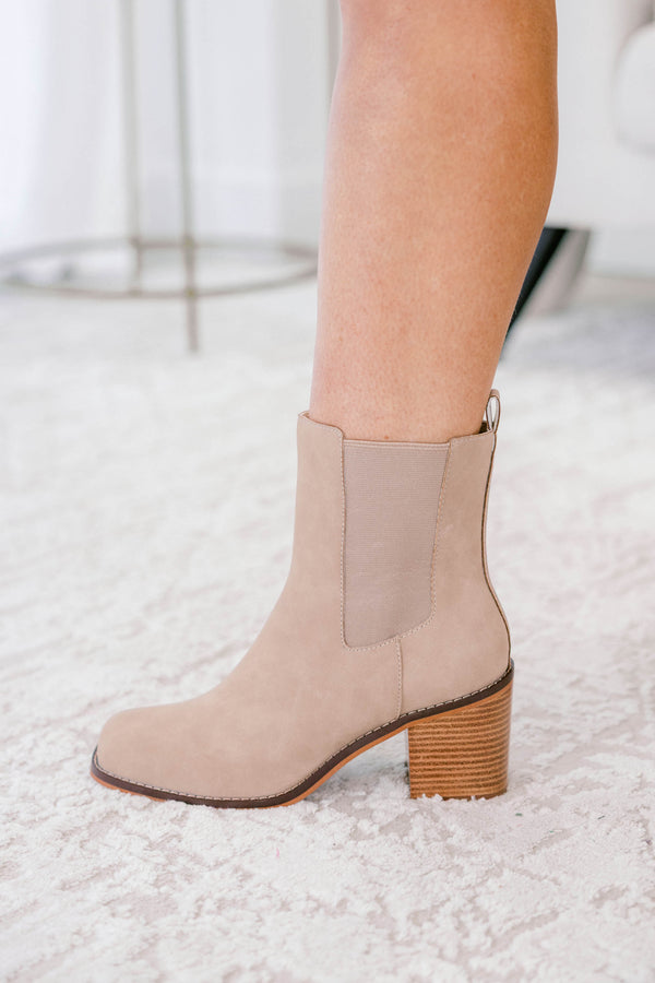 Chic Soul plus size clothing, light tan suede booties with brown wood block heel
