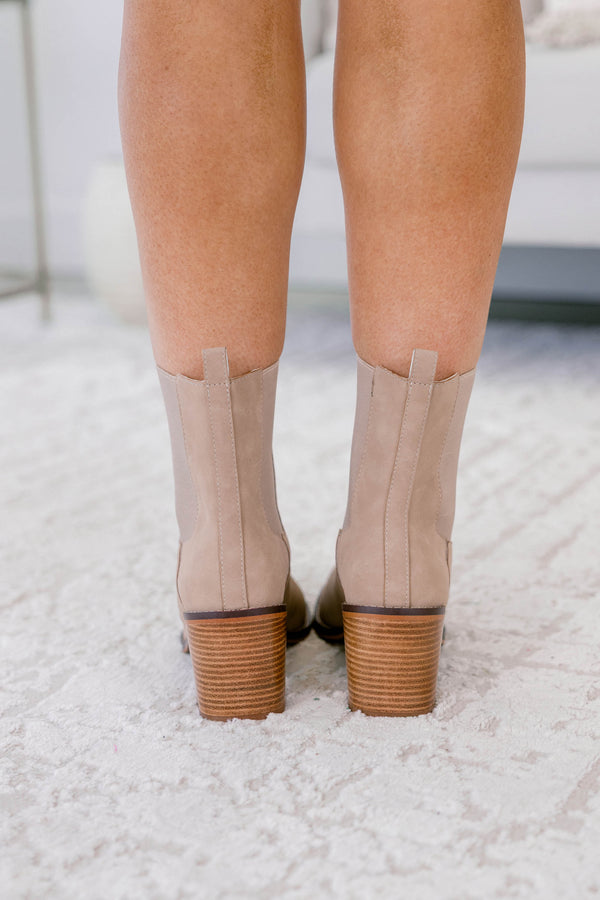 Chic Soul plus size clothing, light tan suede booties with brown wood block heel