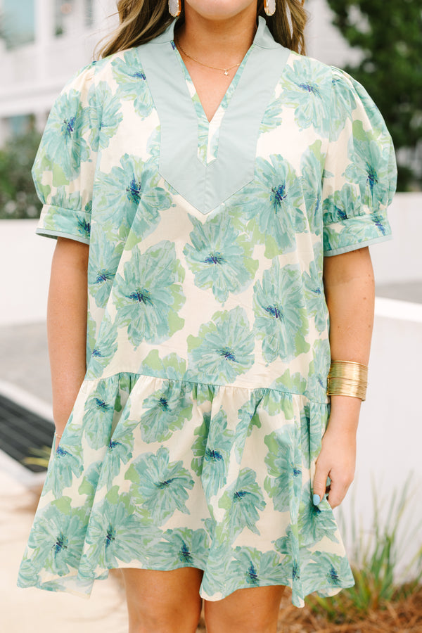 Chic Soul plus size clothing, light green and blue floral print short puff sleeve baby doll dress with v neckline and a solid stripe around the neckline