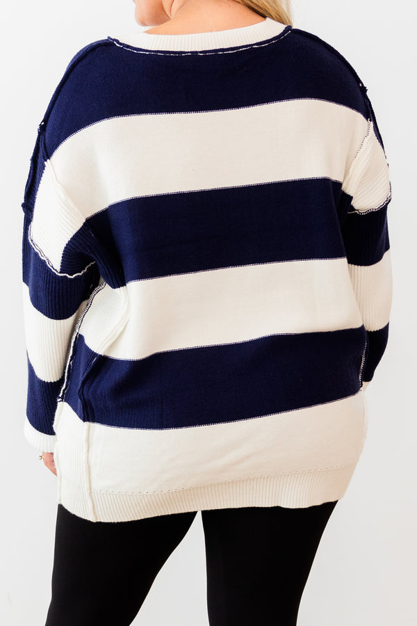 Chic Soul plus size clothing, long-sleeve navy-ivory striped sweater with v-neckline and distressed stitching detailing 