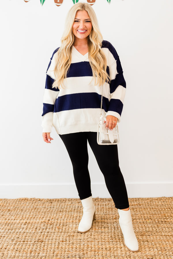 Chic Soul plus size clothing, long-sleeve navy-ivory striped sweater with v-neckline and distressed stitching detailing 
