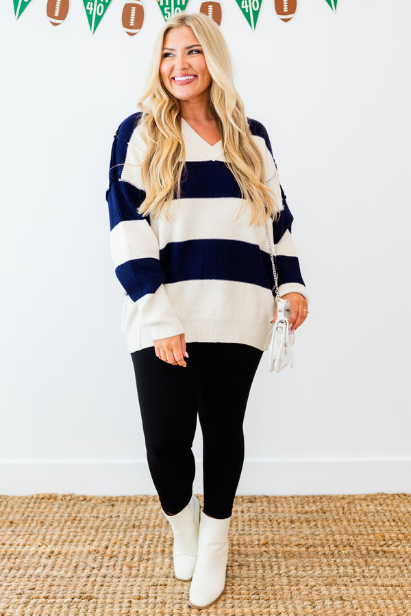Chic Soul plus size clothing, long-sleeve navy-ivory striped sweater with v-neckline and distressed stitching detailing 