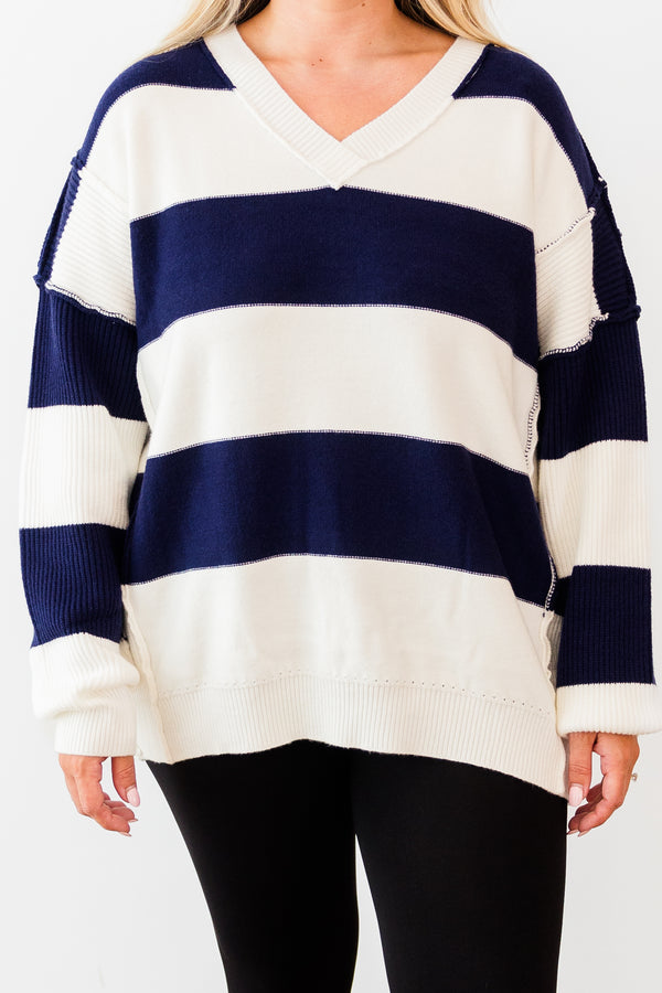 Chic Soul plus size clothing, long-sleeve navy-ivory striped sweater with v-neckline and distressed stitching detailing 