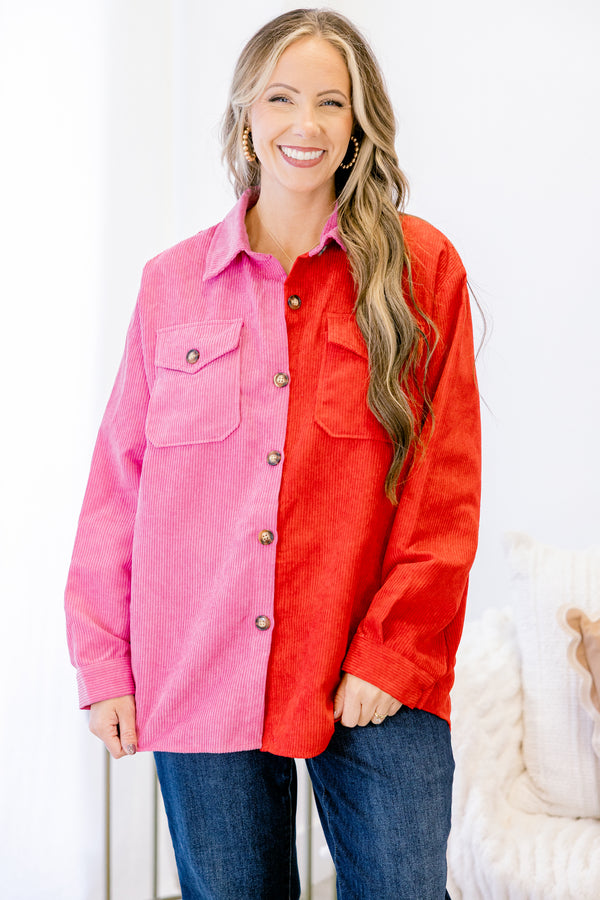 Chic Soul plus size clothing, pink red corduroy shacket
