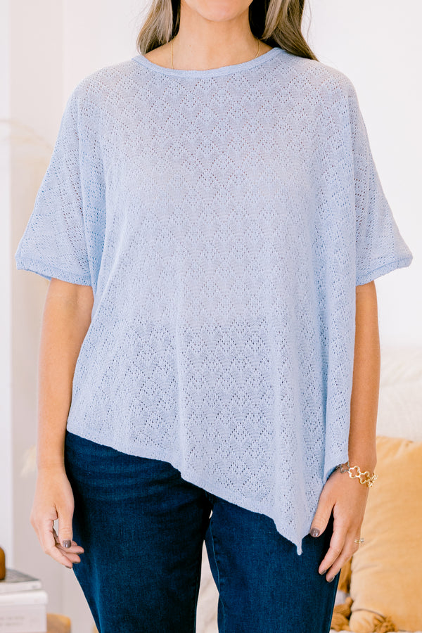Chic Soul plus size clothing, light blue short sleeve knit top with asymmetric design along the bottom with round neckline