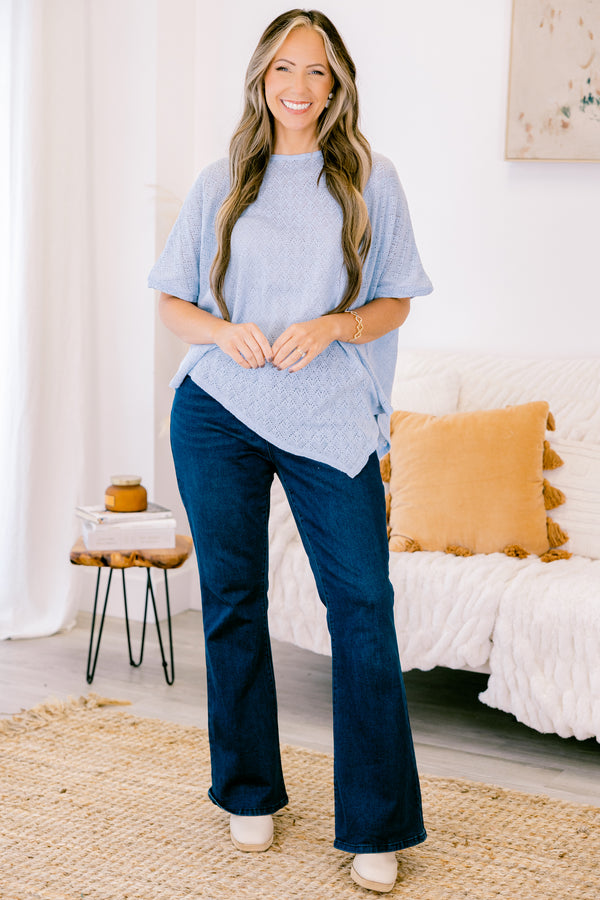 Chic Soul plus size clothing, light blue short sleeve knit top with asymmetric design along the bottom with round neckline