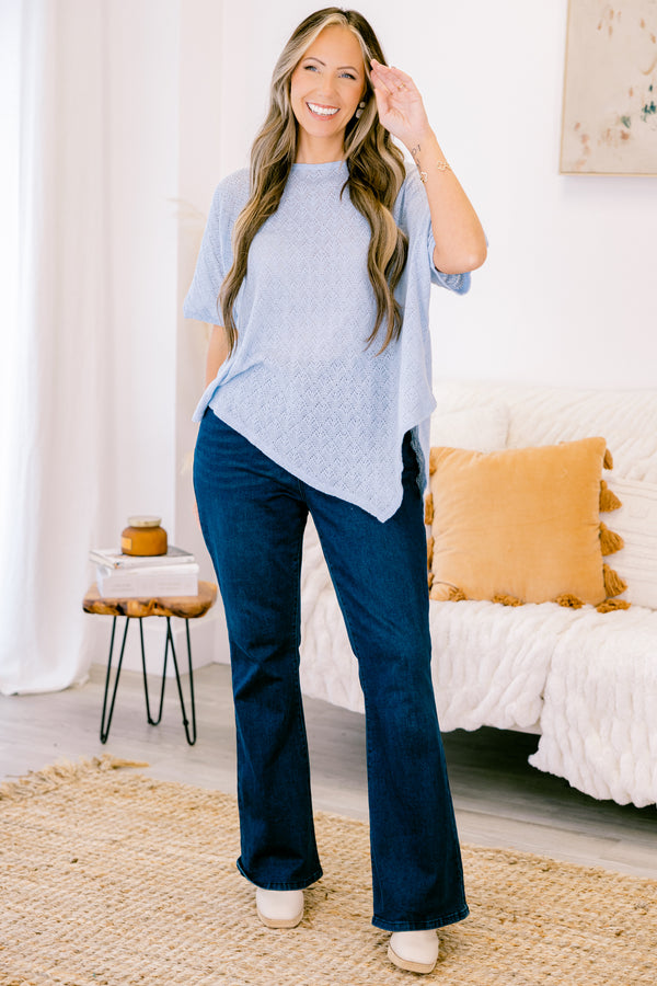 Chic Soul plus size clothing, light blue short sleeve knit top with asymmetric design along the bottom with round neckline