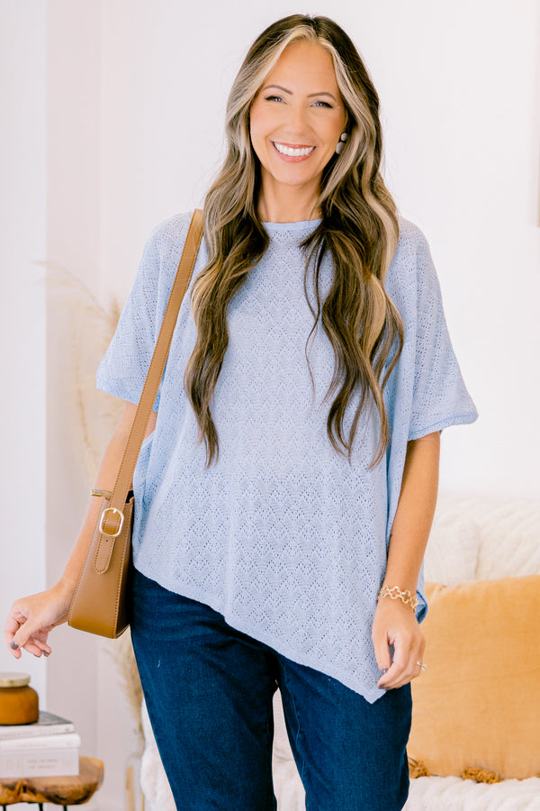 Chic Soul plus size clothing, light blue short sleeve knit top with asymmetric design along the bottom with round neckline