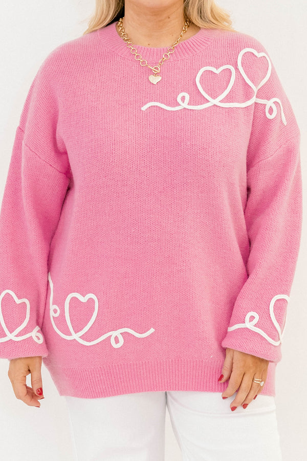 Chic Soul plus size clothing, pink long sleeve sweater with white heart details throughout the sweater 
