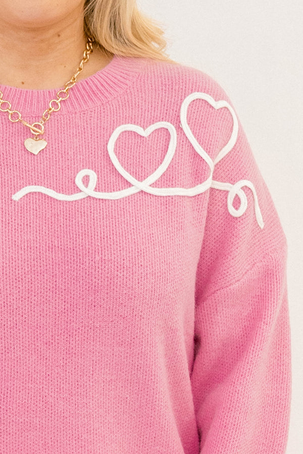 Chic Soul plus size clothing, pink long sleeve sweater with white heart details throughout the sweater 