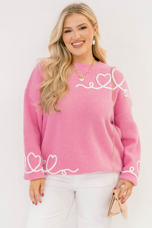 Chic Soul plus size clothing, pink long sleeve sweater with white heart details throughout the sweater 
