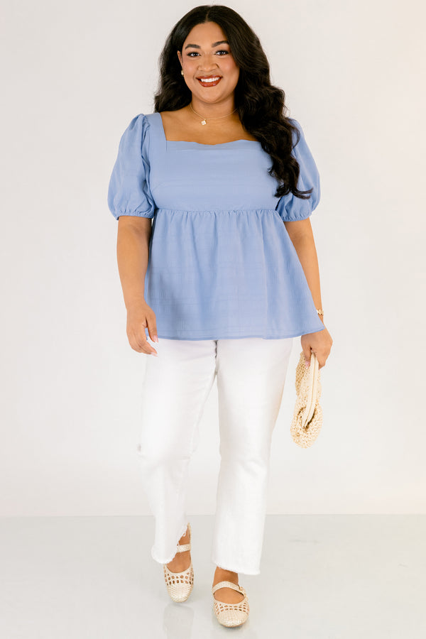 Chic Soul plus size clothing, light blue square neck puff sleeve peplum top