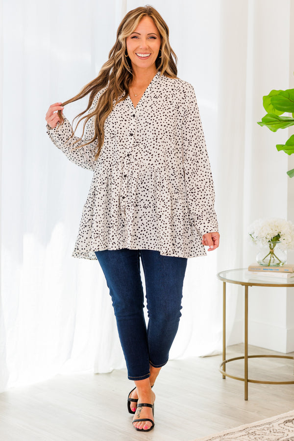Chic Soul plus size clothing, white leopard long sleeve button up blouse with v neckline