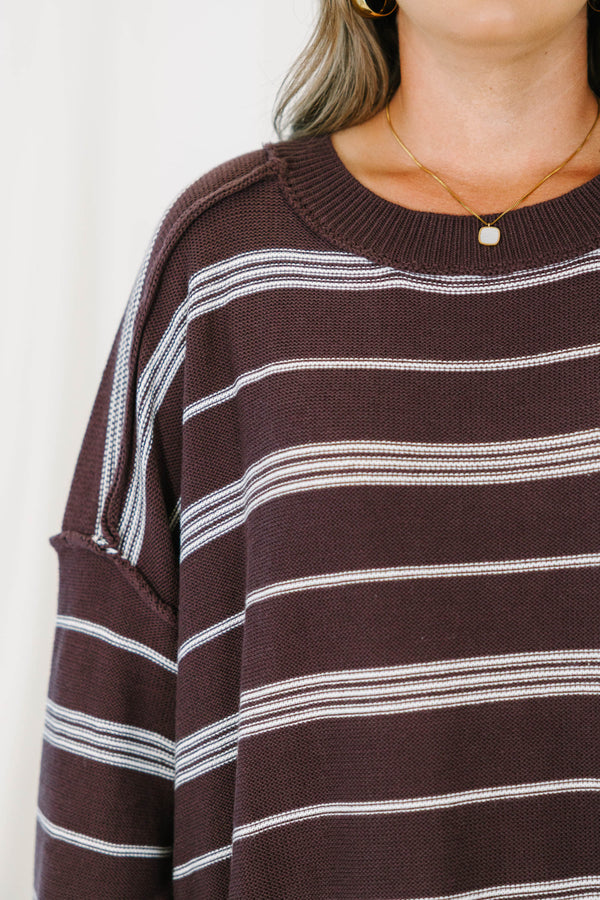 Chic Soul plus size clothing, brown striped long sleeve sweater with white stripes