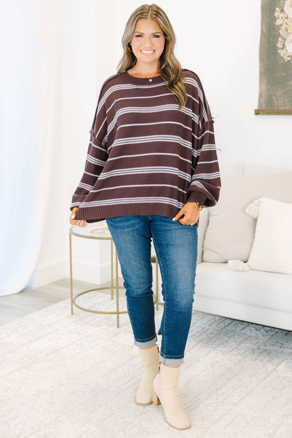 Chic Soul plus size clothing, brown striped long sleeve sweater with white stripes