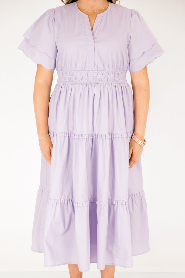 Chic Soul plus size clothing, light purple tiered maxi dress with a slight v-neckline a sinched waistband and flutter sleeves that have a scalloped layered detail 
