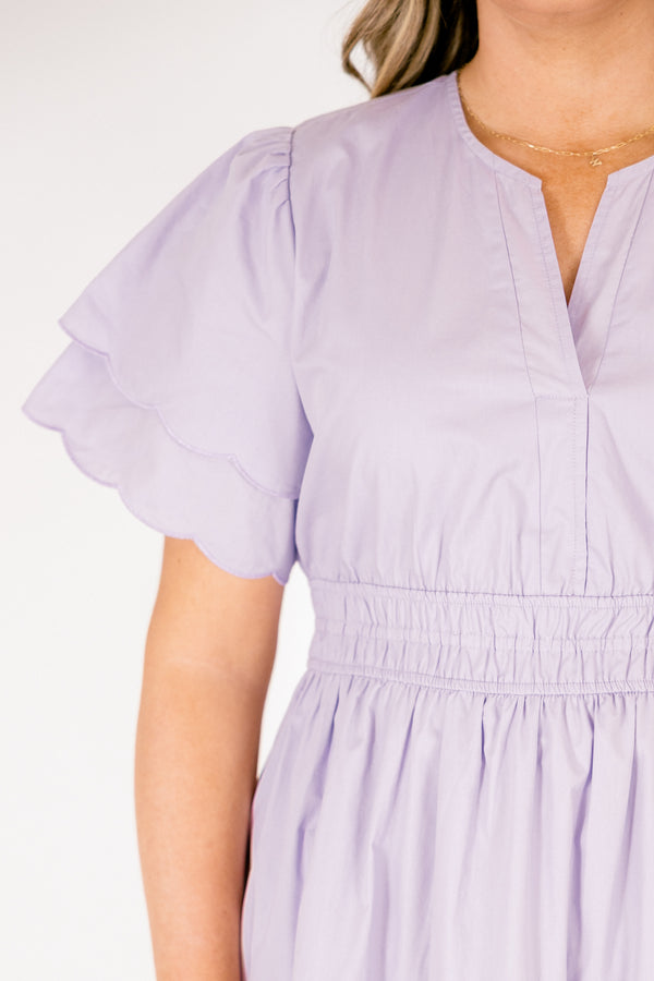 Chic Soul plus size clothing, light purple tiered maxi dress with a slight v-neckline a sinched waistband and flutter sleeves that have a scalloped layered detail 
