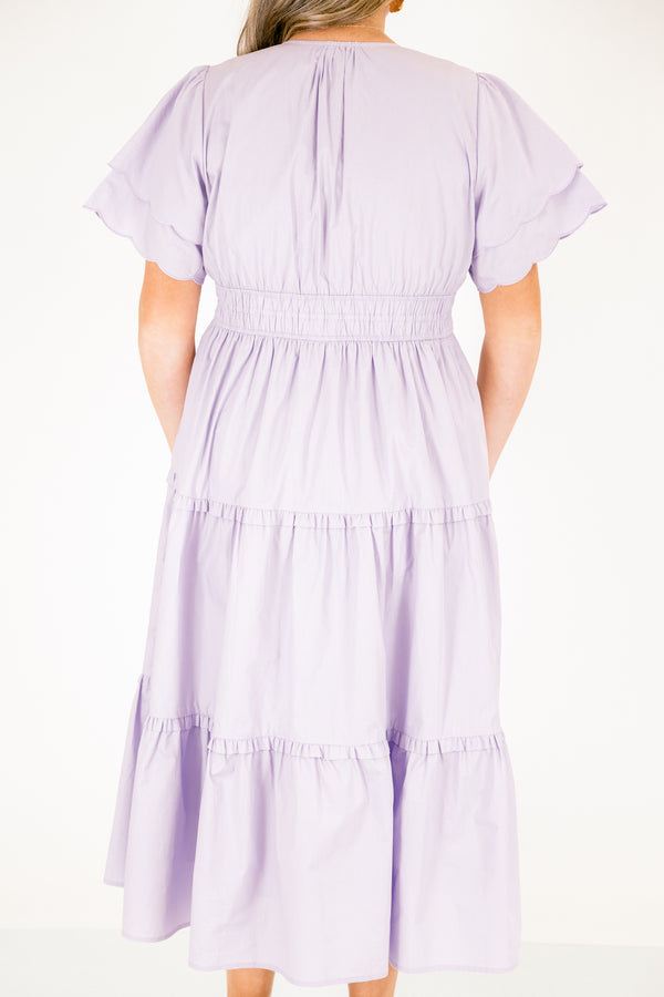 Chic Soul plus size clothing, light purple tiered maxi dress with a slight v-neckline a sinched waistband and flutter sleeves that have a scalloped layered detail 
