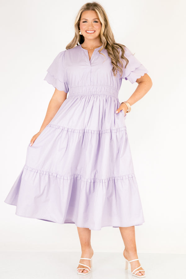 Chic Soul plus size clothing, light purple tiered maxi dress with a slight v-neckline a sinched waistband and flutter sleeves that have a scalloped layered detail 
