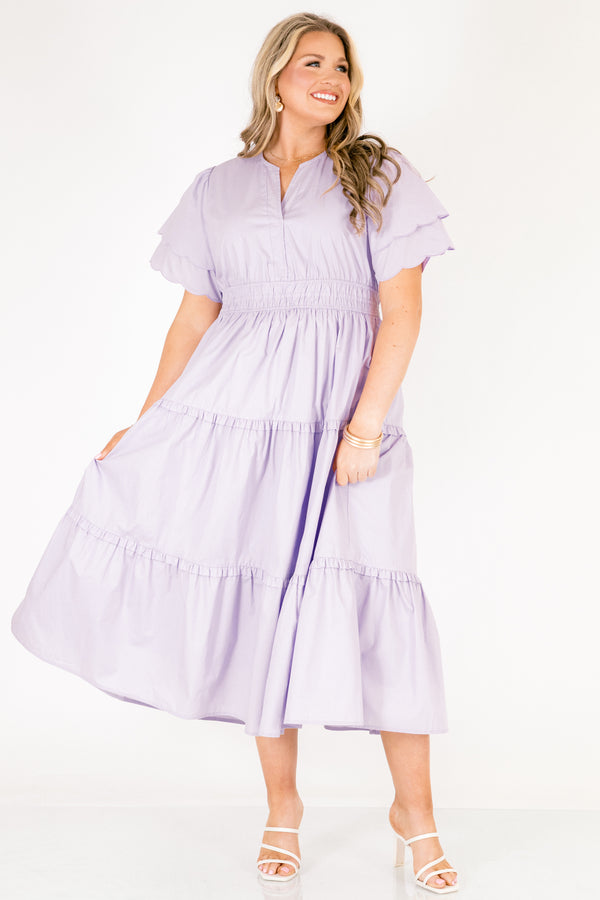 Chic Soul plus size clothing, light purple tiered maxi dress with a slight v-neckline a sinched waistband and flutter sleeves that have a scalloped layered detail 
