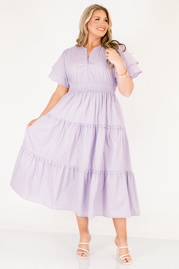 Chic Soul plus size clothing, light purple tiered maxi dress with a slight v-neckline a sinched waistband and flutter sleeves that have a scalloped layered detail 
