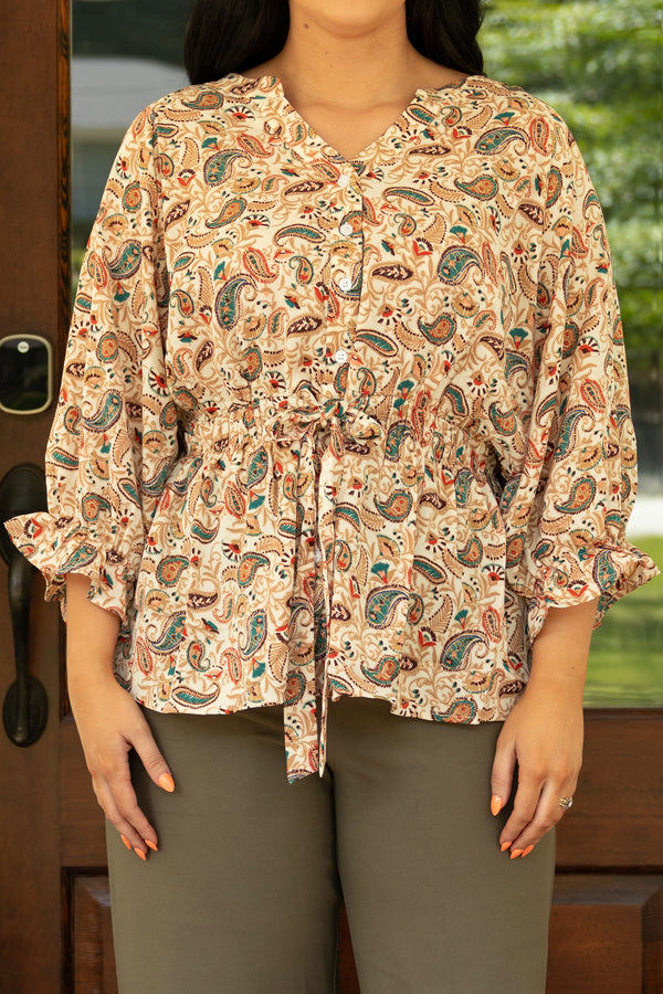 Chic Soul plus size clothing, paisley printed blouse with sinch waist and front tie detail