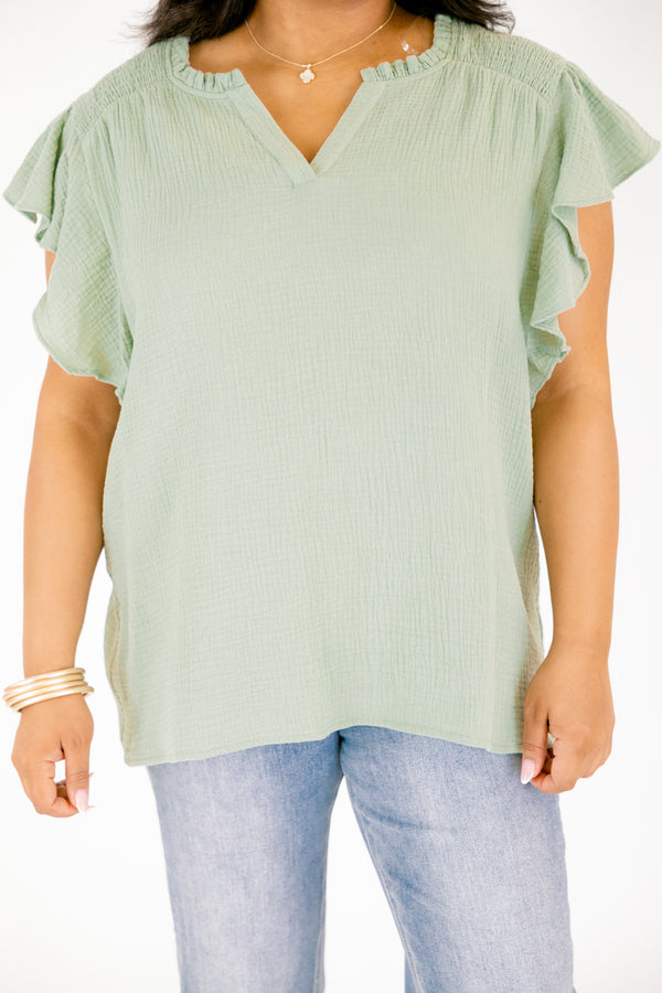 Chic Soul plus size clothing, light green ruffle sleeve v neck top