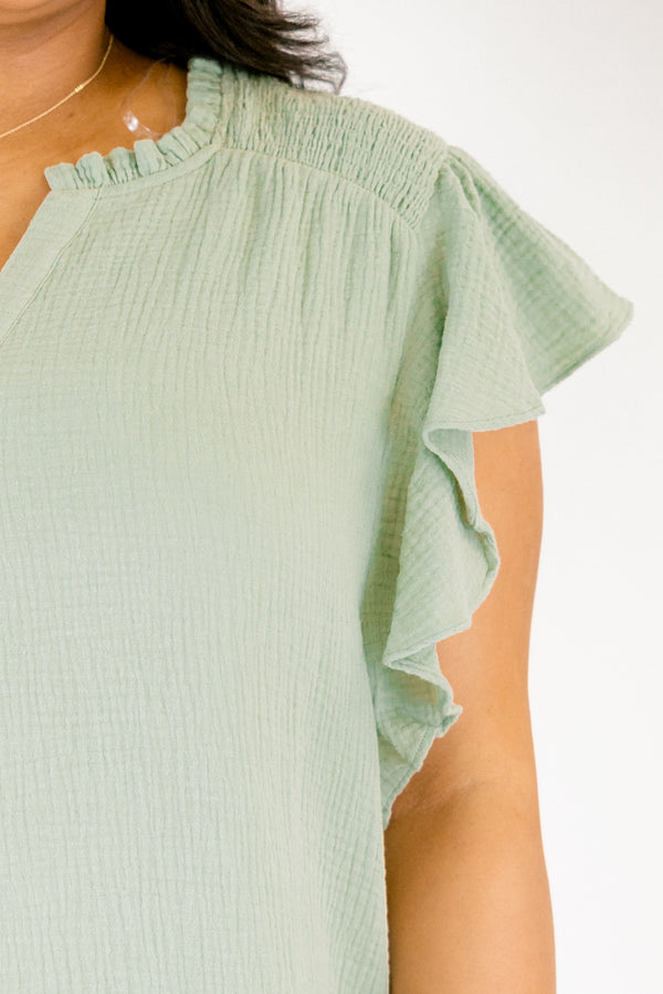 Chic Soul plus size clothing, light green ruffle sleeve v neck top