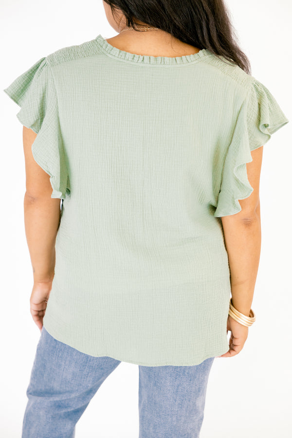 Chic Soul plus size clothing, light green ruffle sleeve v neck top