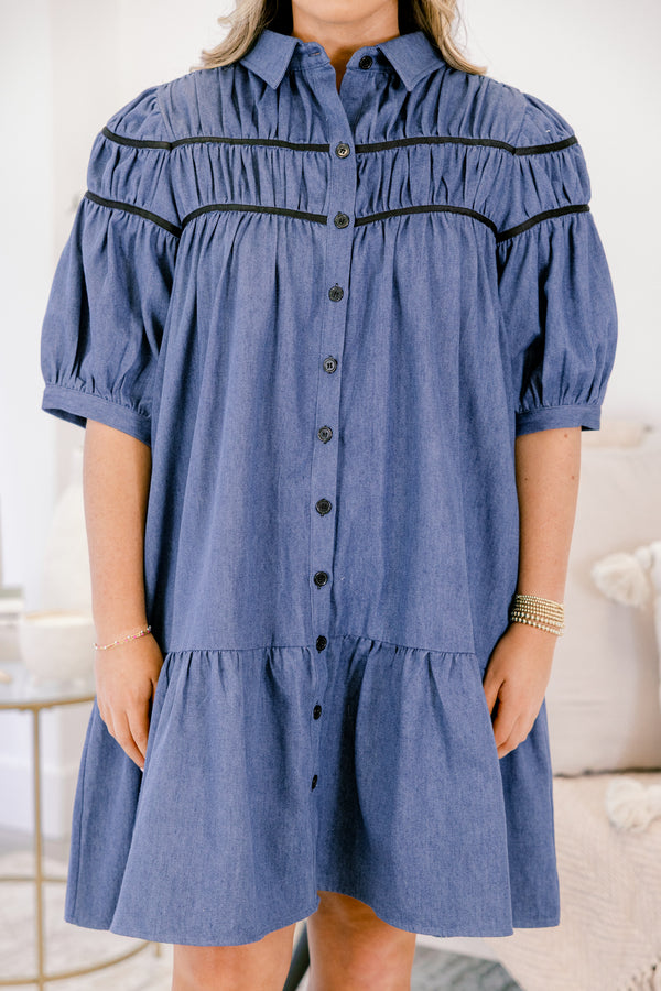 Chic Soul plus size clothing, denim blue mid sleeve button down and collared dress with two black lines acrose the shoulders and chest 