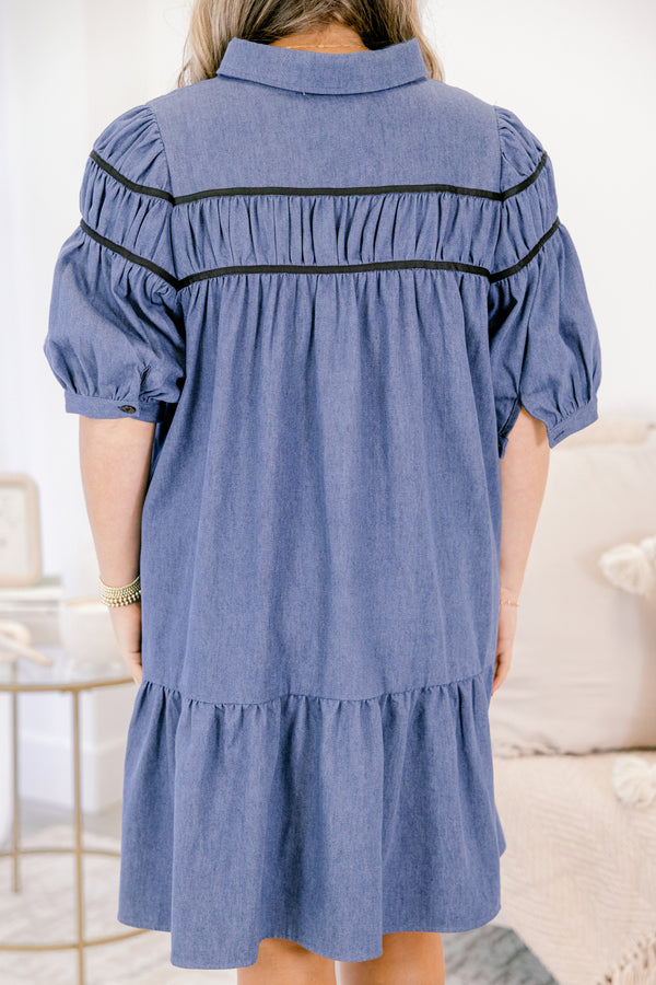 Chic Soul plus size clothing, denim blue mid sleeve button down and collared dress with two black lines acrose the shoulders and chest 