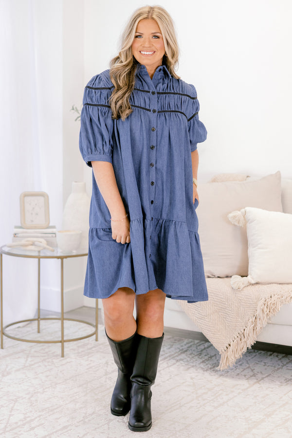 Chic Soul plus size clothing, denim blue mid sleeve button down and collared dress with two black lines acrose the shoulders and chest 