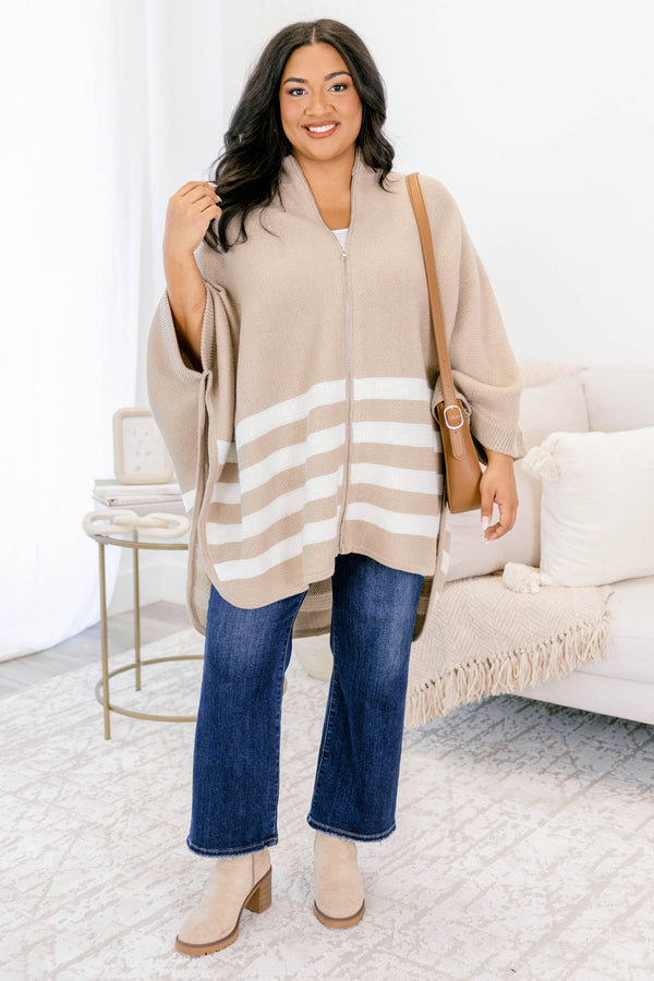 Chic Soul plus size clothing, taupe poncho with four white stripes on the bottom half and a full zipper