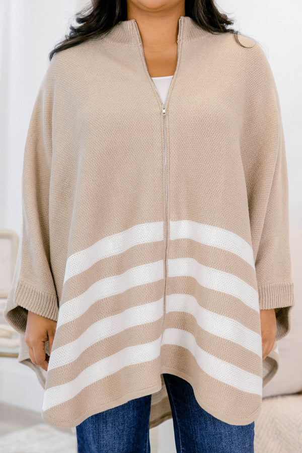 Chic Soul plus size clothing, taupe poncho with four white stripes on the bottom half and a full zipper