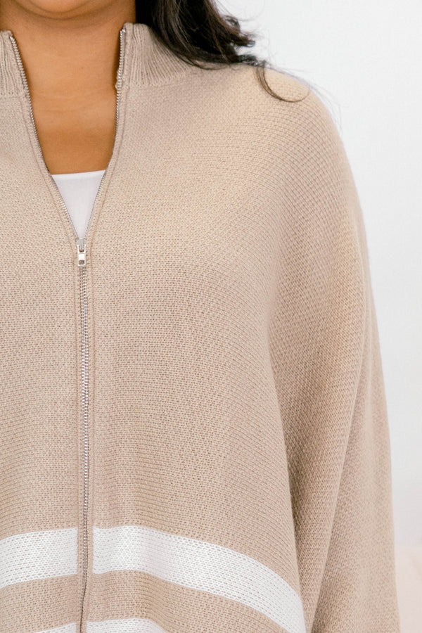 Chic Soul plus size clothing, taupe poncho with four white stripes on the bottom half and a full zipper