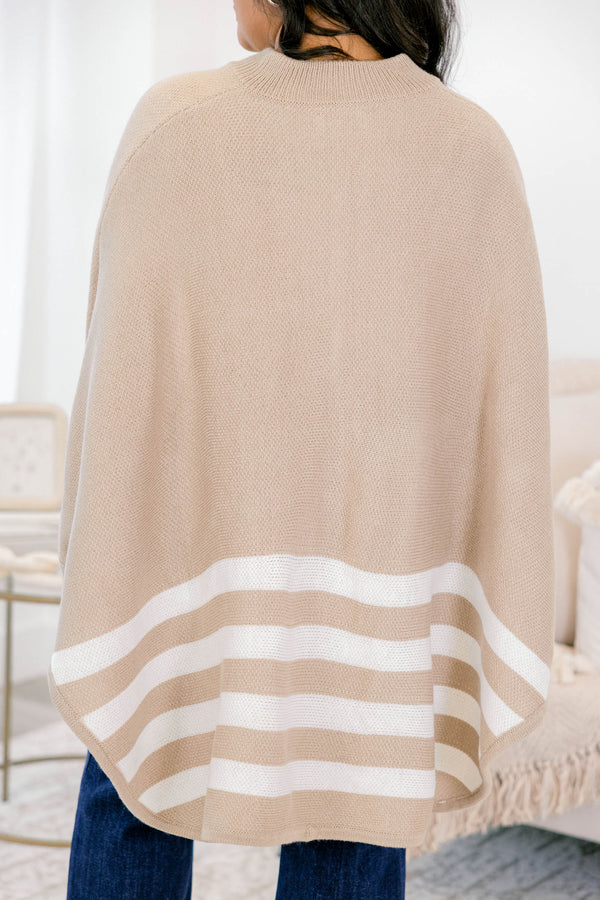 Chic Soul plus size clothing, taupe poncho with four white stripes on the bottom half and a full zipper