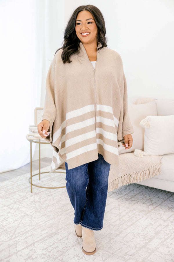 Chic Soul plus size clothing, taupe poncho with four white stripes on the bottom half and a full zipper