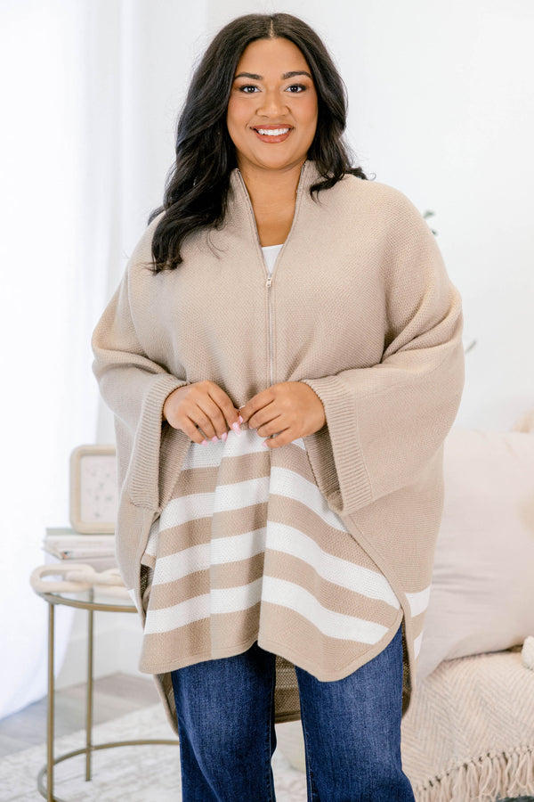 Chic Soul plus size clothing, taupe poncho with four white stripes on the bottom half and a full zipper