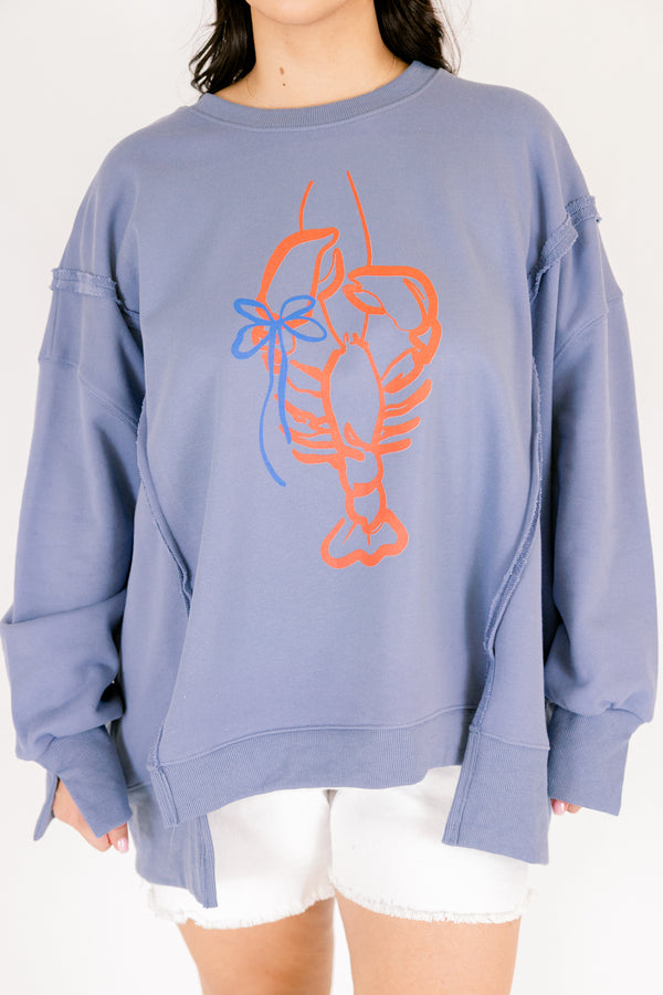 Chic Soul plus size clothing, denim blue crewneck pullover with red lobster line art graphic 