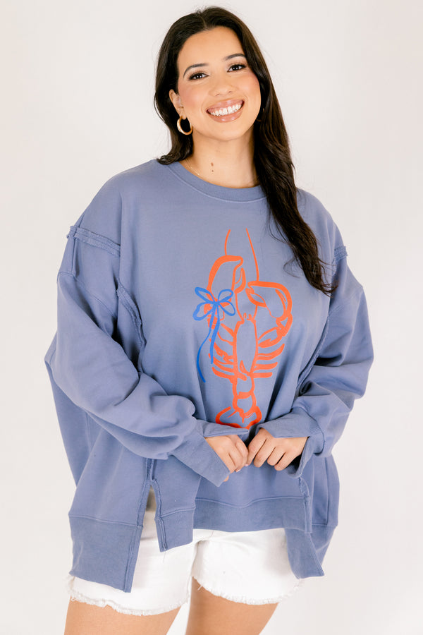 Chic Soul plus size clothing, denim blue crewneck pullover with red lobster line art graphic 