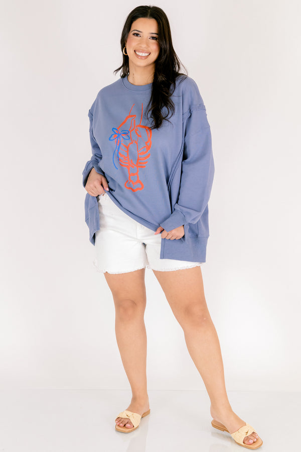 Chic Soul plus size clothing, denim blue crewneck pullover with red lobster line art graphic 