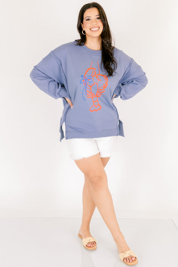 Chic Soul plus size clothing, denim blue crewneck pullover with red lobster line art graphic 