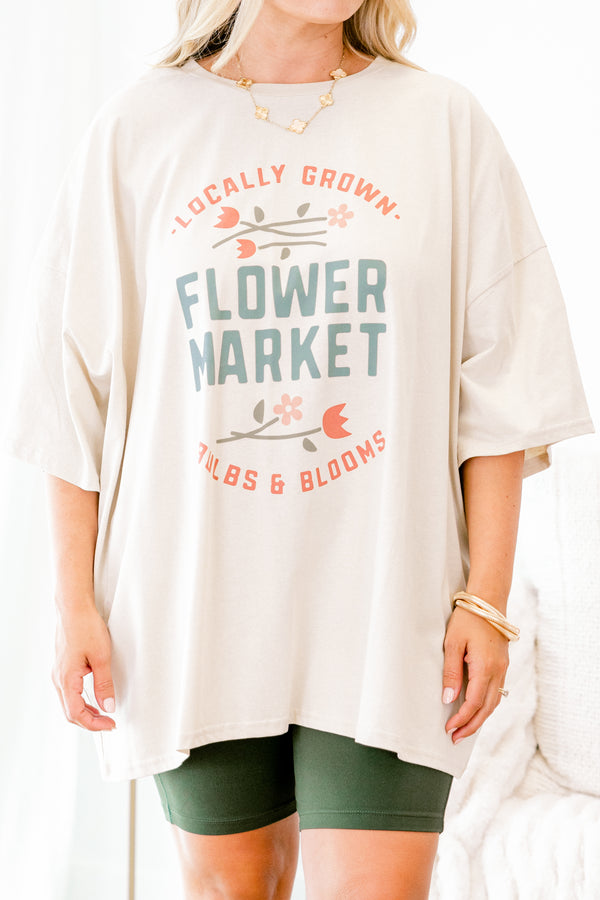 Chic Soul plus size clothing, dust colored short sleeve graphic tee with with words 