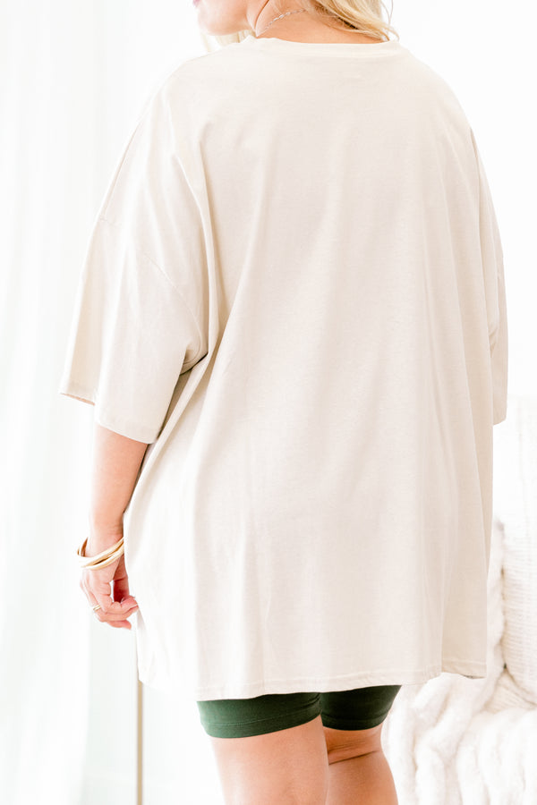 Chic Soul plus size clothing, dust colored short sleeve graphic tee with with words 